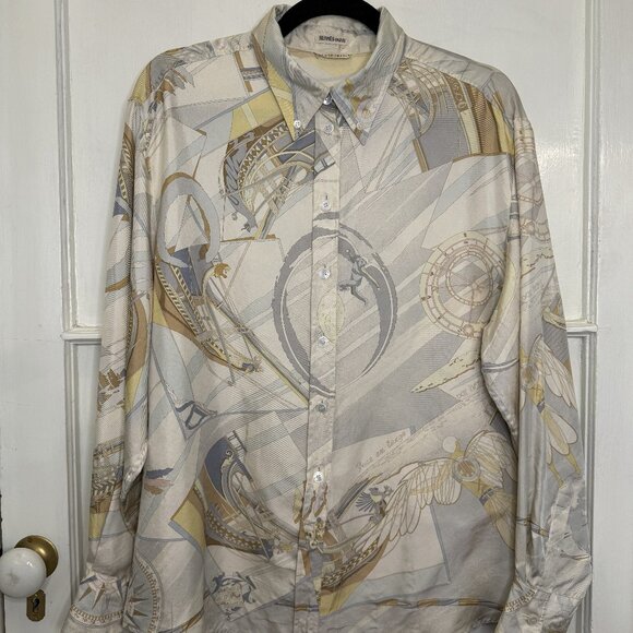 HERMES Vintage Face au Large Margiela Blue Ivory Silk Blouse FR48 Women XL 16 18 - Picture 2 of 16